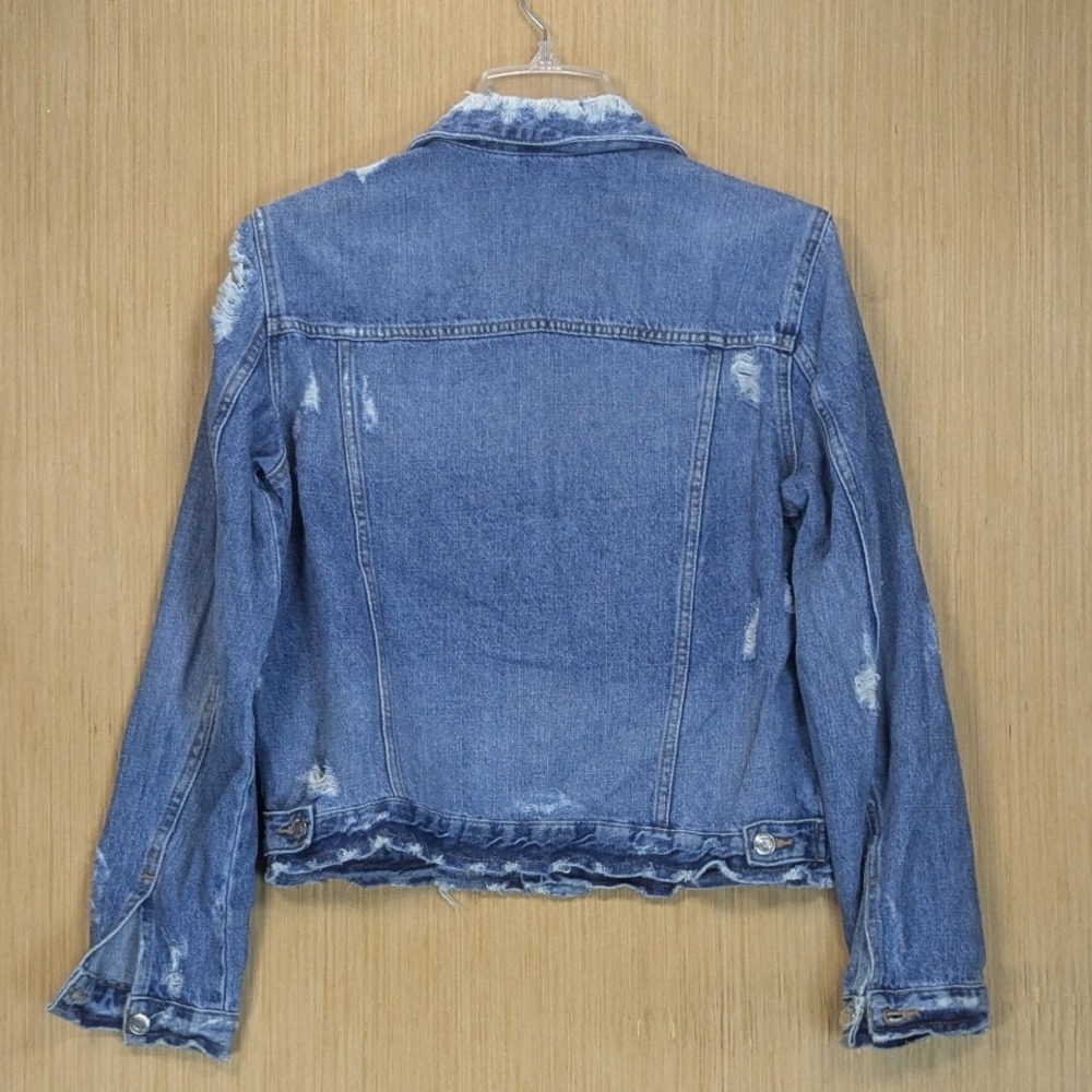Zara Denimwear Distressed Blue Jean Denim Jacket Streetwear Biker Womens Large - Picture 3 of 5
